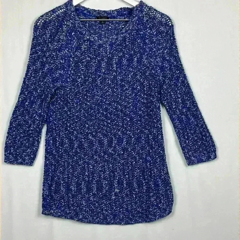 Talbots Womens Sweater Blue Pink White S Pullover 3/4 Sleeves Loose Knit NWOT